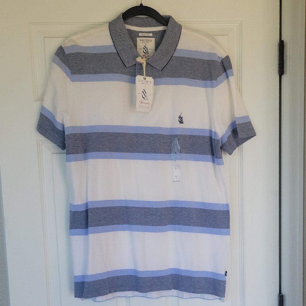 Nautica White Polo with Light Blue & Navy Stripes